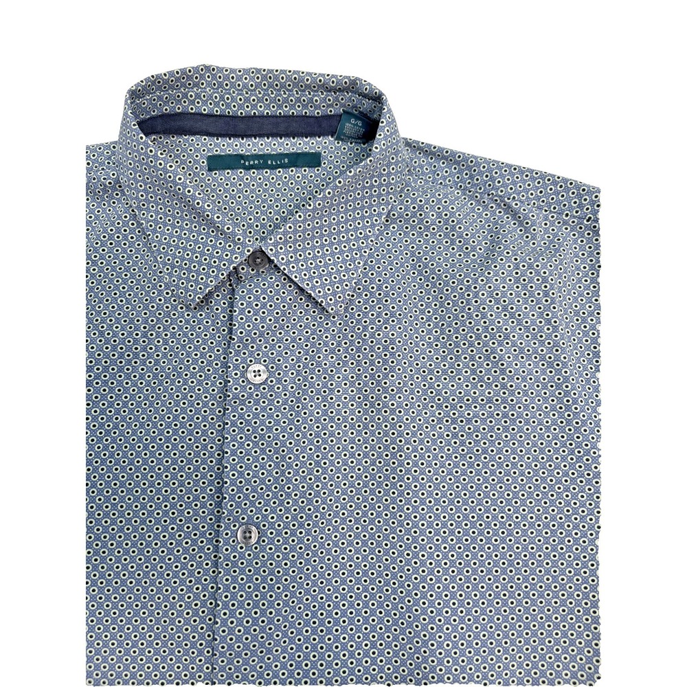 PERRY ELLIS Men's Blue Geometric Print Long Sleeves‎ Button-Down Shirt Sz L